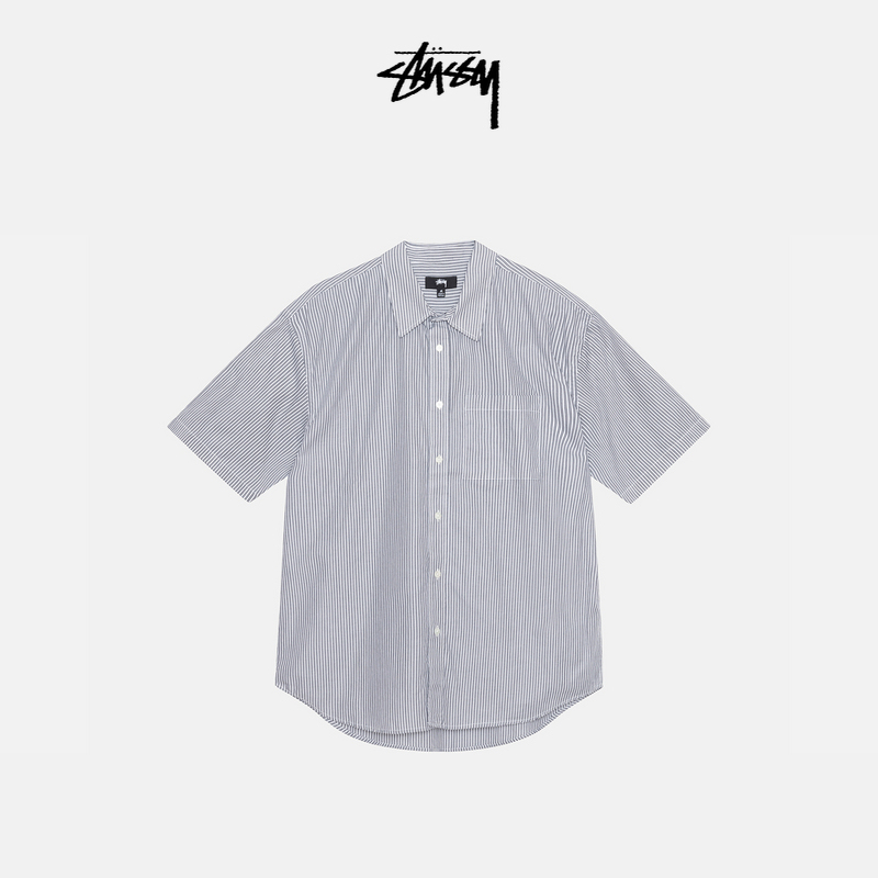 Stussy Number 8 Ball Classic Pinstripe Short Sleeve Shirt Summer Unisex Style Stussy Number 8 Ball Classic Pinstripe Short Sleeve Shirt Summer Unisex Style