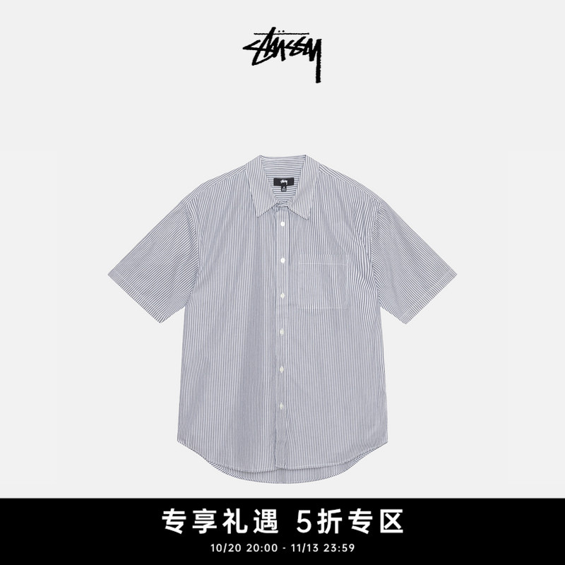 Stussy Trendy Number Eight Ball Striped Casual Short Sleeve Shirt Autumn Unisex Style