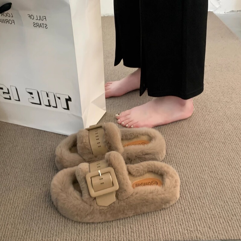 Thick-Soled Lamb Wool Slippers for Women 2023 New Autumn and Winter Casual Lazy Shoes Home Cotton Slippers for Outdoor Wear Retro Furry Slippers