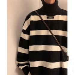 Black and white striped sweater for men, lazy style turtleneck sweater, autumn and winter high-end thickened cashmere sweater with sweater