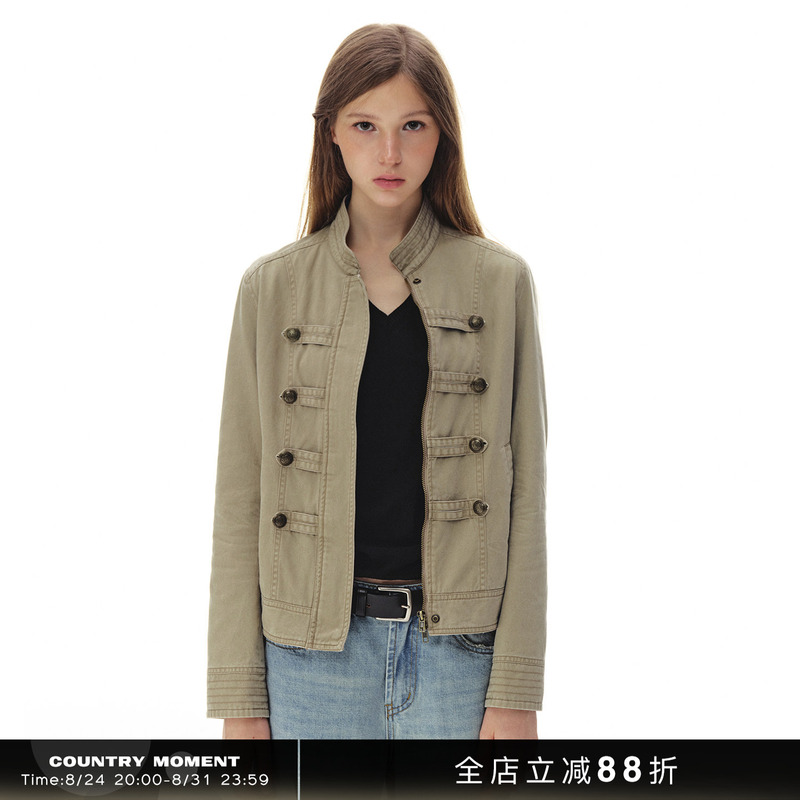 Countrymoment Napoleon Distressed Jacket for Women Double-Breasted Design Stand Collar Short Cardigan Workwear Jacket