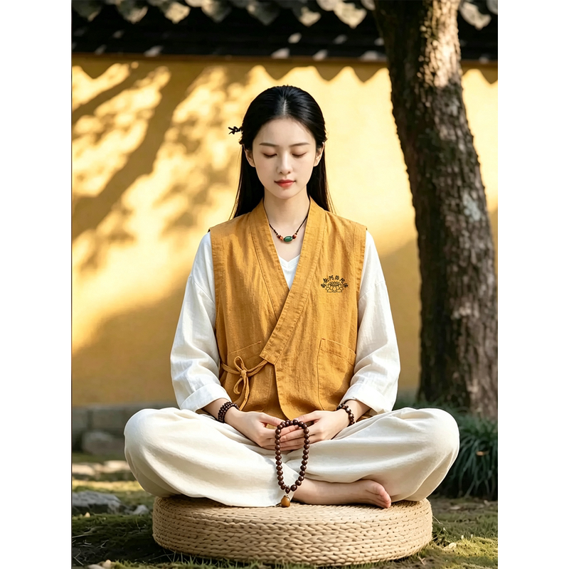 Temple Volunteer Vest, Chinese-Style Diagonal Collar, Tie-Up Cotton and Linen Hanfu Vest, Temple Lay Volunteer Work Uniform Temple Volunteer Vest, Chinese-Style Diagonal Collar, Tie-Up Cotton and Linen Hanfu Vest, Temple Lay Volunteer Work Uniform