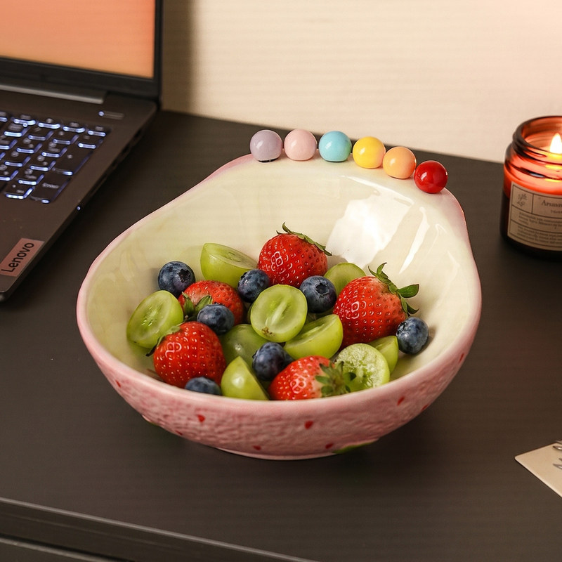 Cute Strawberry Ceramic Fruit Plate with Fork for Home Use, Stainless Steel Fruit Fork Set for Living Room Snacks and Fruits Cute Strawberry Ceramic Fruit Plate with Fork for Home Use, Stainless Steel Fruit Fork Set for Living Room Snacks and Fruits