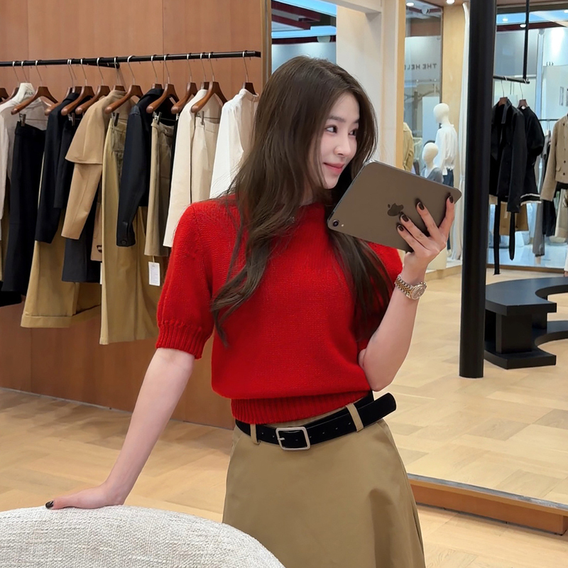Authentic Joah Chinese Red Round Neck Puff Sleeve Wool Knit Sweater M8007