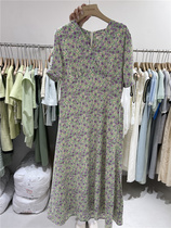 SROOM Korean version 2022 summer new retro temperament v-neck short-sleeved high-waist floral tied rope dress mid-length skirt