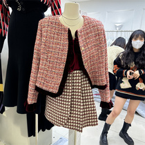 feimao winter Korean version of celebrity small fragrance round neck tweed woven loose trumpet sleeve padded short jacket women