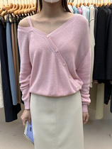 allo 2023 Spring Han Edition design hanging with open shoulder caution V collar locks long sleeve knit open shirt