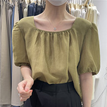 Wanna Korean version 2022 summer new retro temperament square collar Tencel small shirt solid color loose shirt womens top