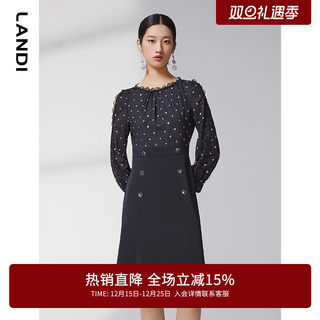 LANDI蕾丝花边圆领印花拼接连衣裙女春新品设计感通勤裙子