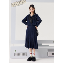 Zihan Womens Navy Collar Top Pleated High Waist Midi Skirt College Style Fashion Suit