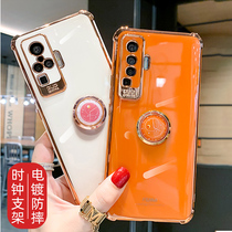 vivox50pro mobile phone shell plated silicone gel clock holder vivo x50 protection shell ring buckle airbag anti-fall x50p protective sleeve camera full package lens limited edition female 5g
