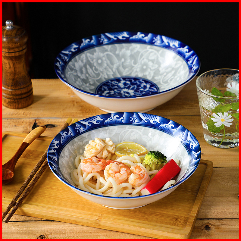 Jingdezhen Blue and White Porcelain Bowls, 10 Large Bowls for Porridge and Ramen, Chinese Style Underglaze Color Microwave-Safe Bowlware