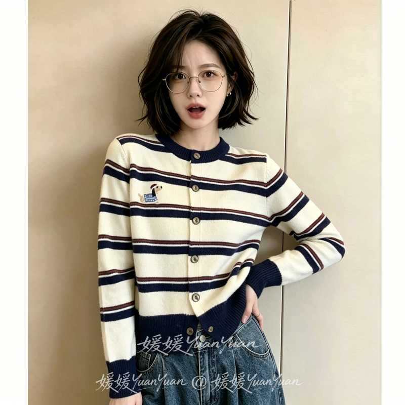 Korean Style Color-Block Striped Crew Neck Knit Cardigan for Women, Autumn and Winter Sweater Short Jacket, Versatile Crew Neck Top