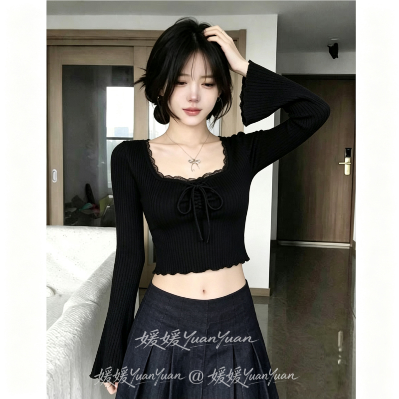 Light Mature Style Square-Neck Lace Trim Base Shirt 2026 Autumn and Winter Bell-Sleeve Short Cropped Waist-Revealing Slim-Fit Top for Women