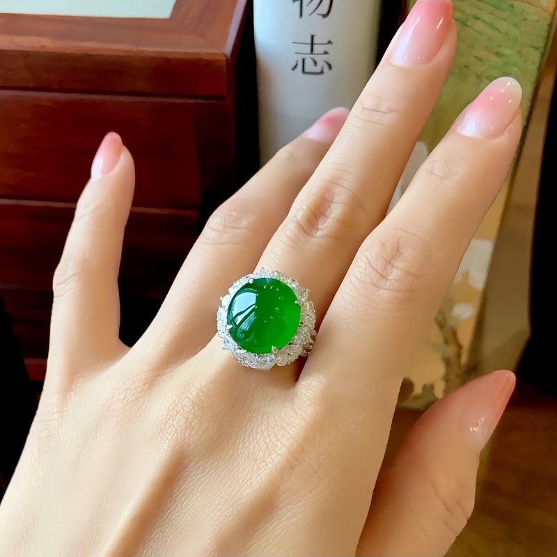 Natural Ice-Type Man Yang Green Jade Cabochon Ring, 18K Gold Inlaid, Burmese A-Grade Imperial Green Ring, Unisex Natural Ice-Type Man Yang Green Jade Cabochon Ring, 18K Gold Inlaid, Burmese A-Grade Imperial Green Ring, Unisex