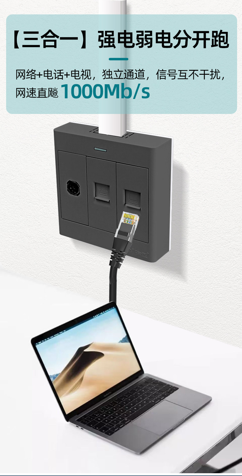 Розетка сетевая LAN 锦迈明装网路线插座超五类六类千兆接口明线电视电话电脑插座启光灰 Kam
