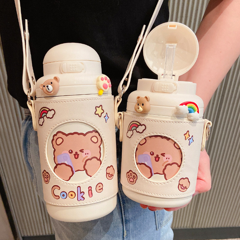 Cute thermos cup female high-value large-capacity with straw cup can be slung student water cup children's kettle portable