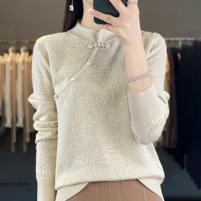 New Chinese qipao collar cashmere sweatshirt female solid relief hook flower blouses 100 hitch wool knit undertide sweatshirt-Taobao