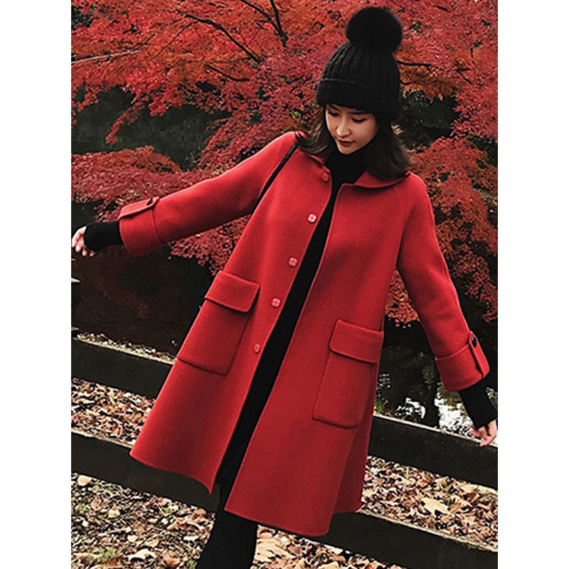 Red cloak bifacial cashmere dresses with long version of autumn and winter temperament dolls collar retro thickened fur coats