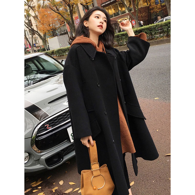Black double-sided cashmere coat women's middle school long version autumn and winter 2021 new temperament slim retro thick wool