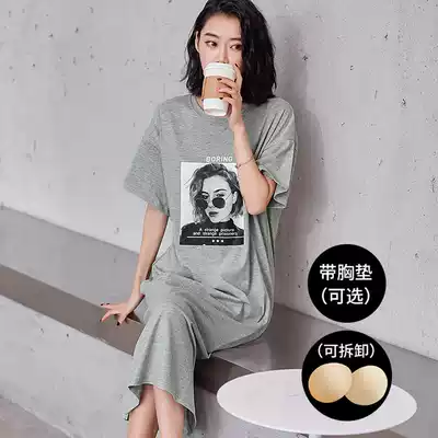 With chest pad nightgown women cotton short sleeve spring summer 2021 new casual loose medium and long version T-shirt long skirt wear