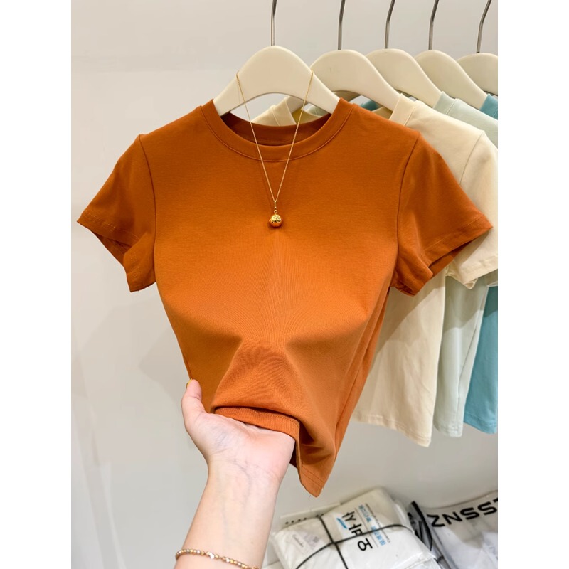 Orange Short-Sleeved T-Shirt for Women, New Summer Style, Petite Fit, Straight-Cut Short Top, European Style T-Shirt