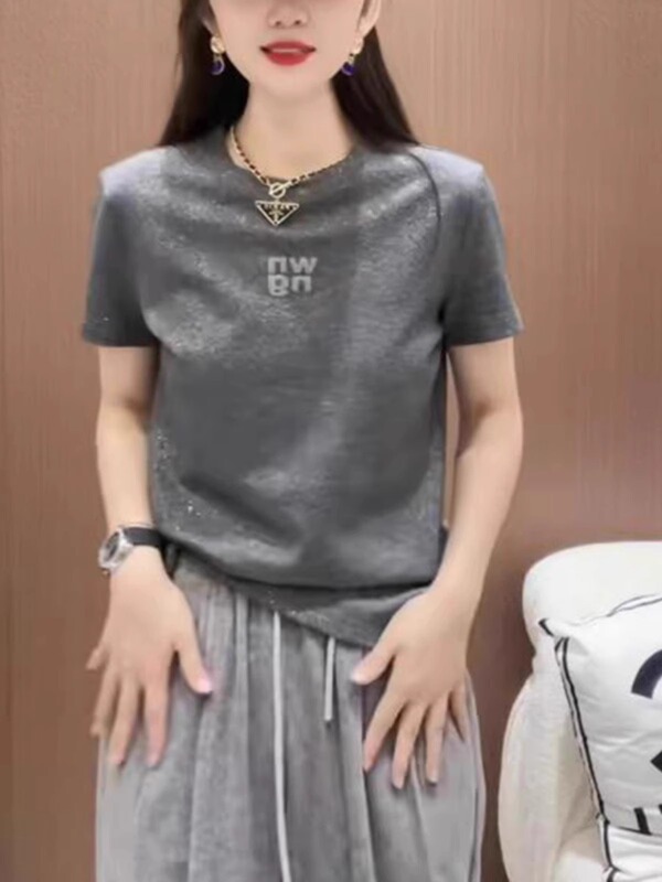 High-End Sequin Gray Short-Sleeve T-Shirt for Women, Summer New European Fashion Brand, Heavy-Duty Rhinestone Versatile Top