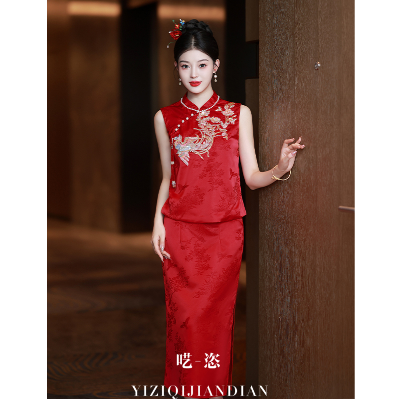 New Chinese-Style Cheongsam Toast Dress for Bride 2026 New Model Red Engagement Wedding Dress Summer Sleeveless Suit