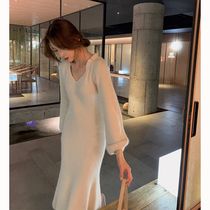 French over-the-knee knitted sweater long waist thin temperament Hepburn wind bottom tie-up dress Children autumn and winter