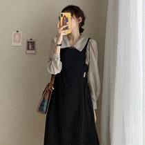 French strap Black niche design sense two-piece suit Long skirt Long sleeve super fairy forest dress Autumn and winter