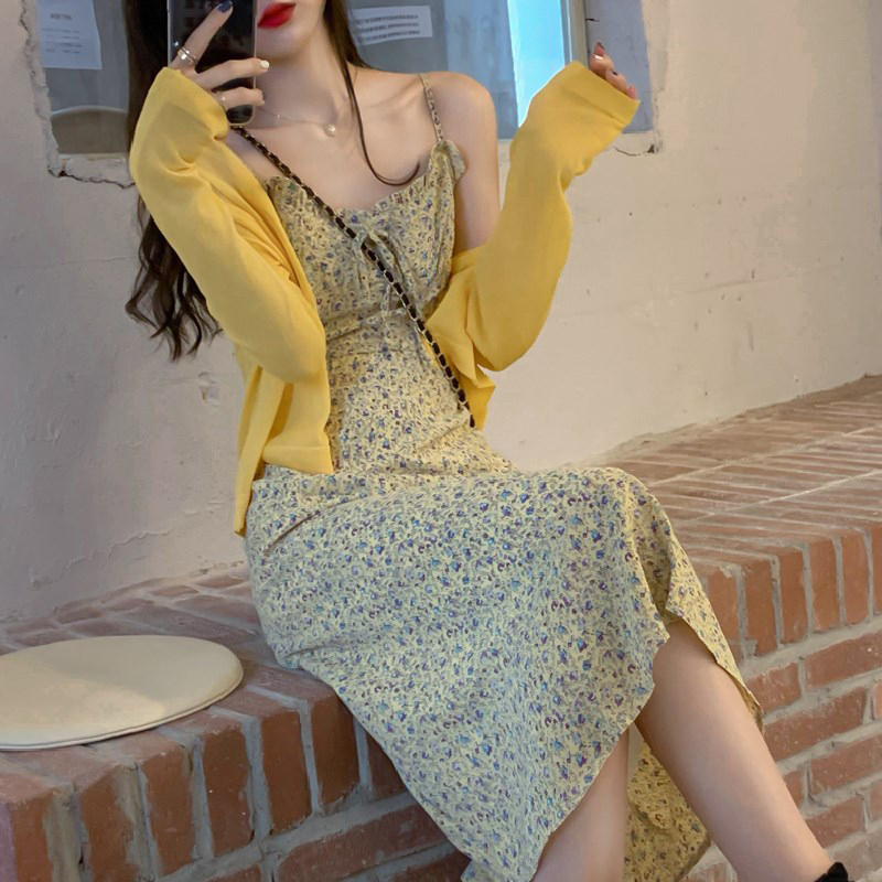 Tea Break Balloon Flower Law Style Retro Yellow Fall Harness Broken Flowers Snowspun First Two Style Suit Foreign Dress Child Summer