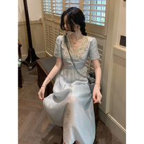 2021 new high-end name Yuanyuan Air-cooled Light Wind Womens Clothing Advanced Sensation Blue Closedown of Waistcoat Foam Cuff dress Summer