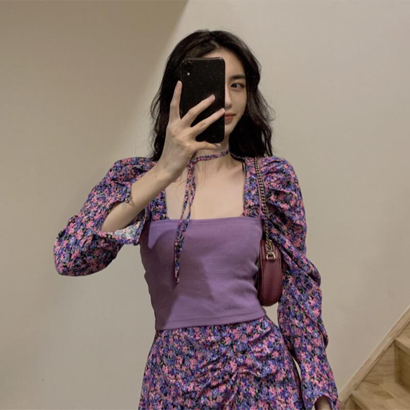 Autumn clothes 2021 The new female design is a little crowdsourced with small scents of small scents and a purple-style retro-style vinochio