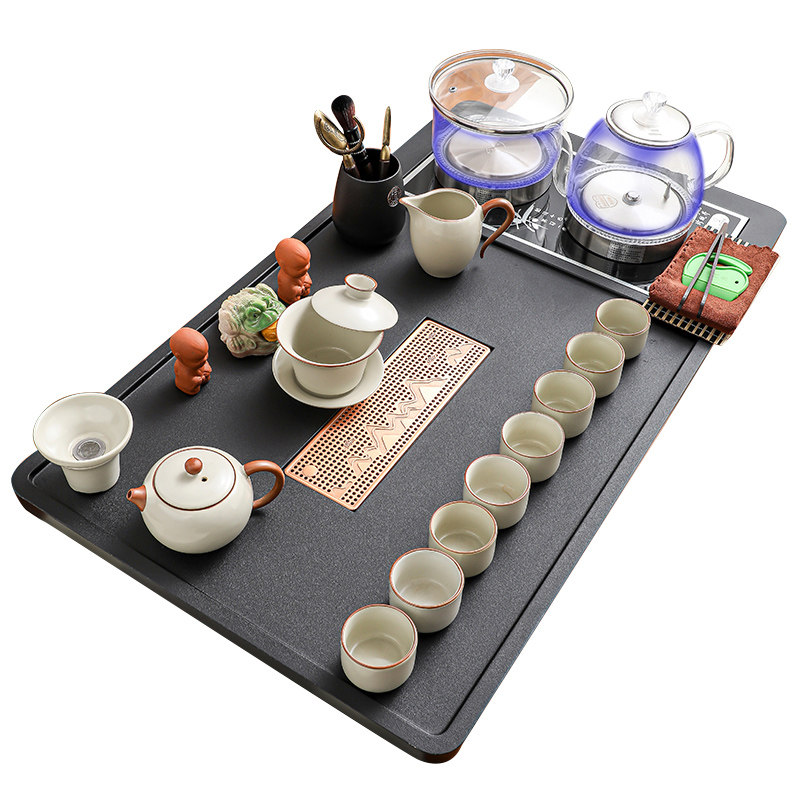 Complete Kung Fu Tea Set, Ru Kiln Ceramics, Household Four-In-One Glass Bottom Water Boiling Kettle, Tea Table, Tea Tray