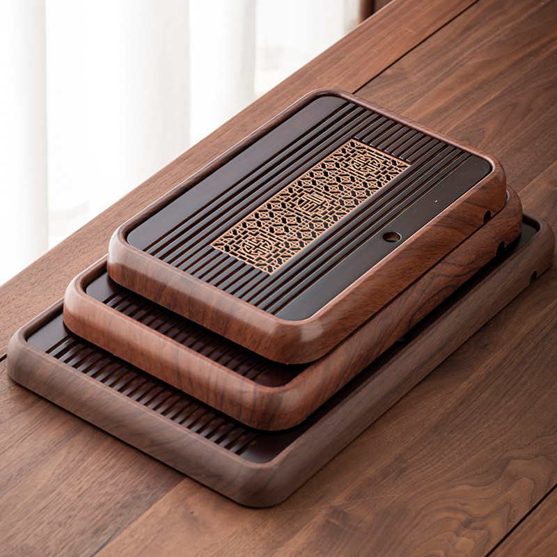 Solid Wood Tea Tray, Household Tea Set Accessories, Tea Tray with Dual-Purpose Storage and Drainage, New Small Tea Table, Walnut Color with Transfer Printing