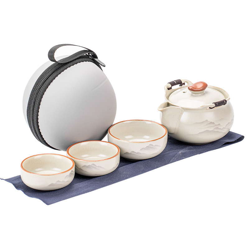 Haoyao Ru Kiln Travel Tea Set, One Pot and Three Cups, Hand-Held Pot with Lid, Bowl, Outdoor Portable Tea Brewing Set, Quick Tea Cup