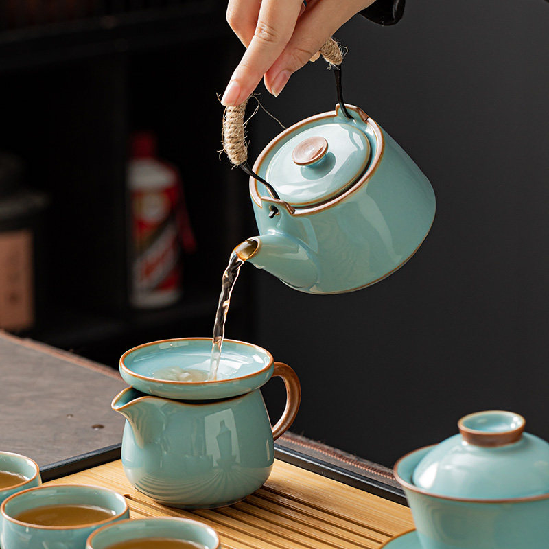 Tianqing Ru Kiln Kung Fu Tea Set Ceramic Chinese Teapot Gaiwan Tea Cup Tea Tray Light Luxury High-End Household Tea Drinking Set