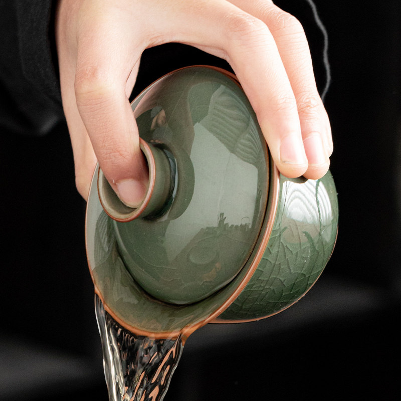 Ge Kiln Ice Crack Three-Piece Covered Bowl, High-End Ice Crack Large Household Tea Bowl with Lid, Non-Hot Tea Cup, Kung Fu Tea Set