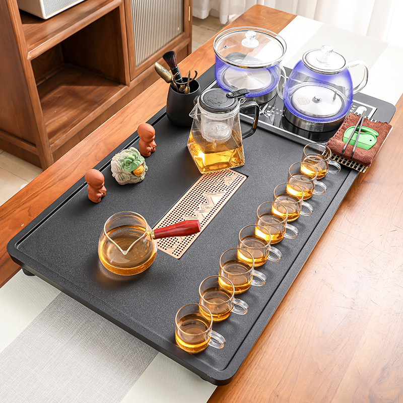 Complete Kung Fu Tea Set, Ru Kiln Ceramics, Household Four-In-One Glass Bottom Water Boiling Kettle, Tea Table, Tea Tray