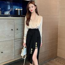 Wedding early autumn womens wedding feast autumn Fashion V-collar shirt suit open-body skirt