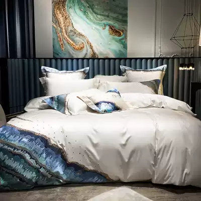 High-end four-piece cotton cotton 100 tribute satin embroidery luxury European quilt cover solid color bed sheets bedding