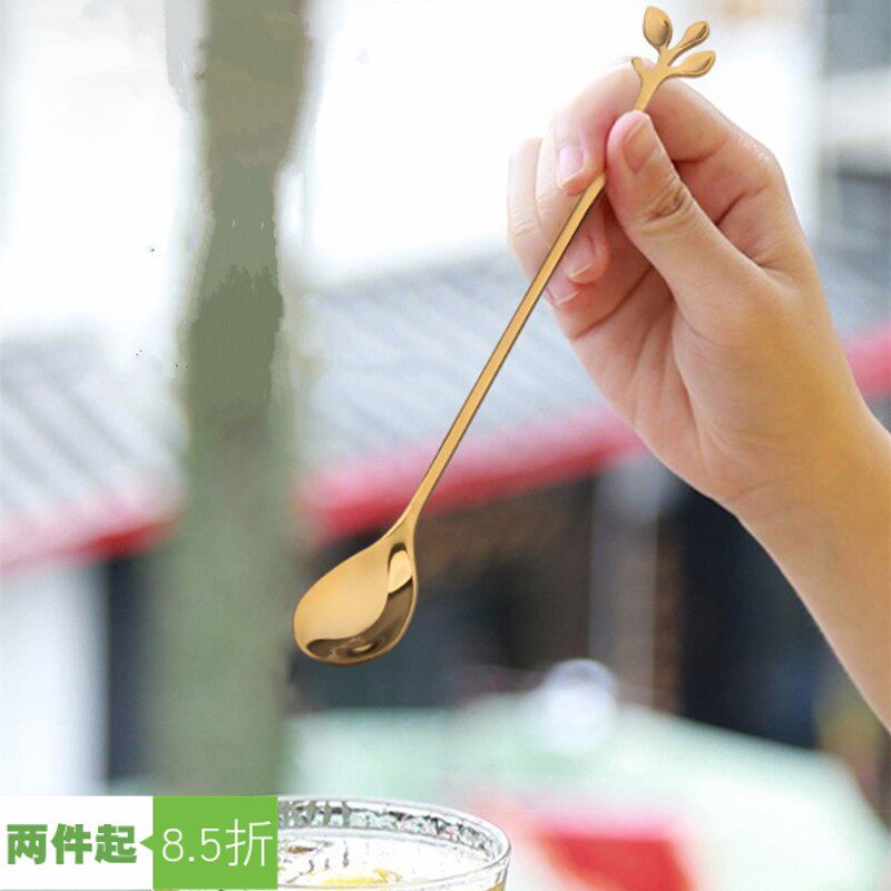 Leaves stainless steel long handle mixing stick Coffee spoon mixing spoon Glass long handle spoon Golden jar European style North