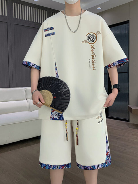 National trend ice silk suit for boys and teenagers in summer new Chinese style boys' short-sleeved shorts trendy sports matching set