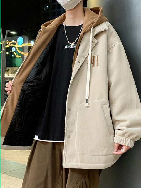 Corduroy jacket for male teenagers in autumn and winter hooded thickened quilted jacket for male high school students winter clothing two-padded jacket