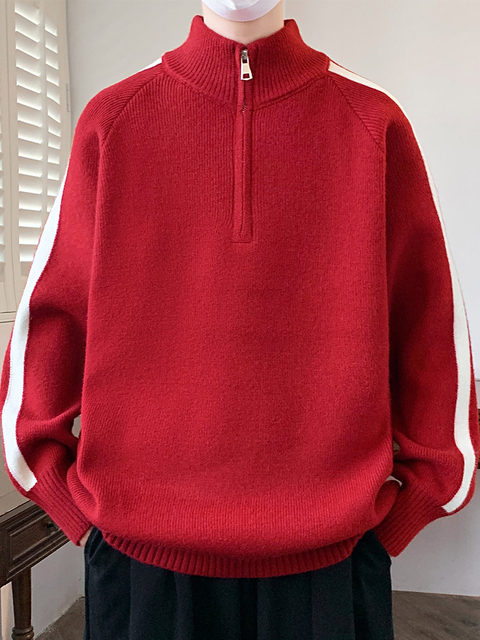 Half-zip sweater for men and teenagers in autumn and winter American lazy style casual sweater with design stand-up collar linen clothes