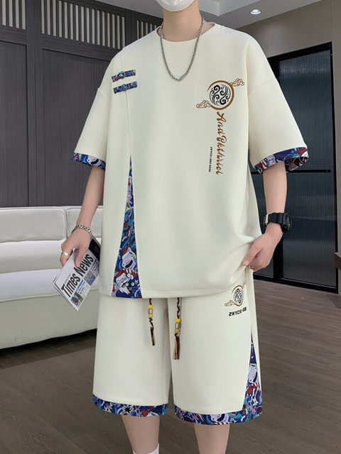 National trend ice silk suit for boys and teenagers in summer new Chinese style boys' short-sleeved shorts trendy sports matching set