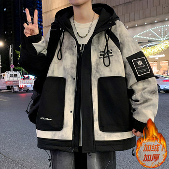 Fleece-Lined Thickened Jacket for Teenage Boys, Winter Warm Outerwear, Hooded Cotton Coat, Student Hong Kong Style Color-Blocking Cold-Proof Jacket