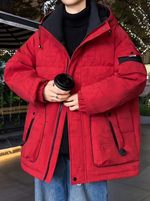 Red cotton-padded coat for boys and girls, new winter hooded warm-weather bread coat for boys, Hong Kong style workwear, thickened cotton coat, trendy