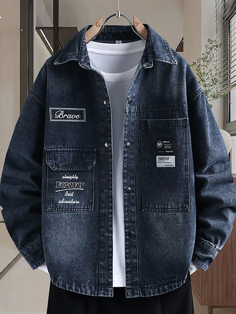 Denim jacket for men and teenagers in autumn new work style handsome loose jacket boys removable hooded coat