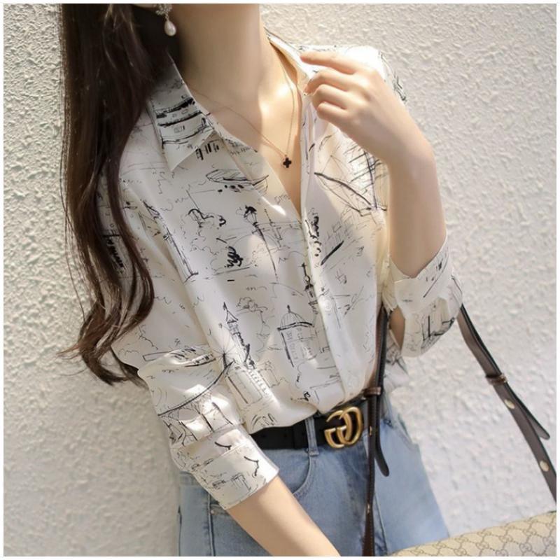 Shirt woman long sleeve printed 2022 fall new snow spinning blouses Korean version Temperament Shirt 100 hitch loose undershirt